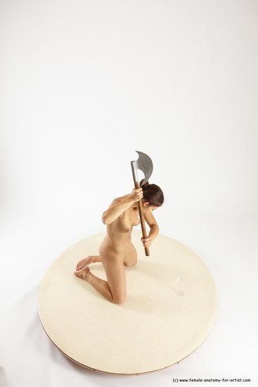 Nude Woman White Kneeling poses - ALL Athletic Kneeling poses - on both knees long brown Fighting with axe Multi angle poses Pinup