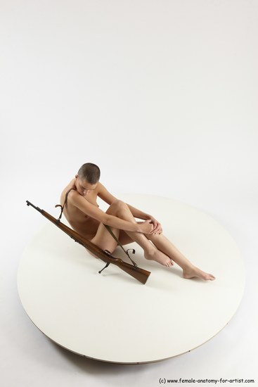 Nude Woman White Slim Fighting with rifle bald Multi angle poses Pinup