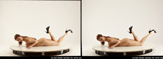 Nude Woman White Laying poses - ALL Slim Laying poses - on stomach long brown 3D Stereoscopic poses Pinup