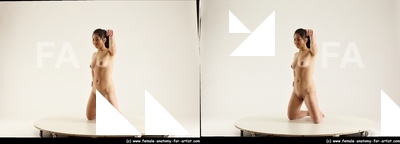 Nude Woman Asian Kneeling poses - ALL Average Kneeling poses - on both knees long black 3D Stereoscopic poses Pinup