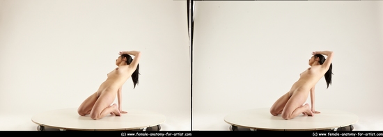 Nude Woman Asian Kneeling poses - ALL Average Kneeling poses - on both knees long black 3D Stereoscopic poses Pinup