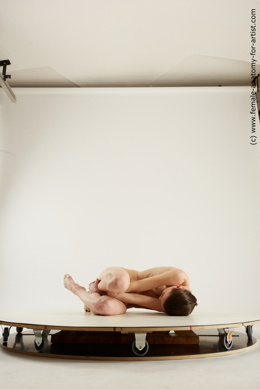 Nude Woman White Laying poses - ALL Slim Laying poses - on back medium brown Multi angle poses Pinup