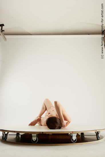Nude Woman White Laying poses - ALL Slim Laying poses - on back medium brown Multi angle poses Pinup