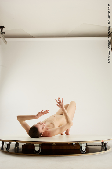 Nude Woman White Laying poses - ALL Slim Laying poses - on back medium brown Multi angle poses Pinup