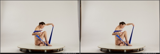 Nude Woman White Sitting poses - ALL Slim medium brown 3D Stereoscopic poses Pinup