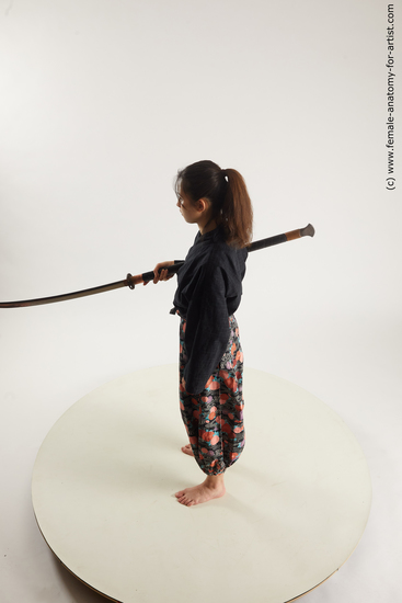 Sportswear Fighting with sword Woman Asian Slim long black Multi angle poses Academic