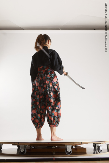 Sportswear Fighting with sword Woman Asian Slim long black Multi angle poses Academic