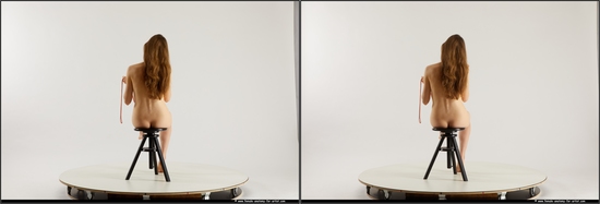 Nude Woman White Sitting poses - ALL Slim long brown 3D Stereoscopic poses Pinup