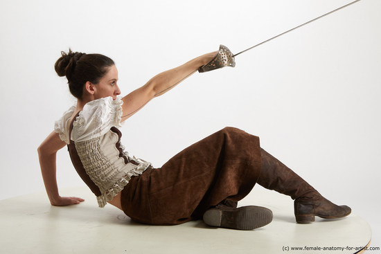 Fighting with sword Woman White Sitting poses - ALL Slim long brown Sitting poses - simple Standard Photoshoot Academic