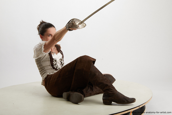 Fighting with sword Woman White Sitting poses - ALL Slim long brown Sitting poses - simple Standard Photoshoot Academic