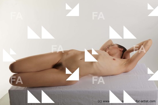 Nude Woman White Laying poses - ALL Slim Laying poses - on back medium brown Standard Photoshoot Pinup