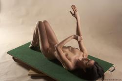 Nude Woman White Laying poses - ALL Underweight Laying poses - on back short brown Pinup