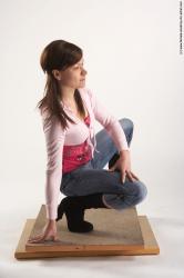 Casual Woman White Kneeling poses - ALL Slim Kneeling poses - on both knees long brown Academic