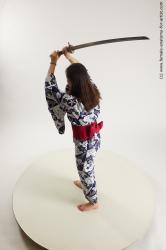 Casual Fighting with sword Woman Asian Slim long black Multi angle poses Academic