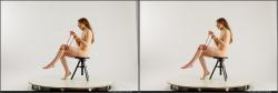 Nude Woman White Sitting poses - ALL Slim long brown 3D Stereoscopic poses Pinup