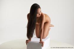 Nude Woman Asian Kneeling poses - ALL Slim Kneeling poses - on both knees long black Standard Photoshoot Pinup